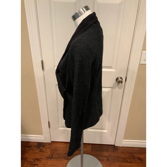 Guinevere Dark Gray 100% Wool Asymmetrical Cardigan W/ Leather Trim, Size Small - Picture 5 of 7